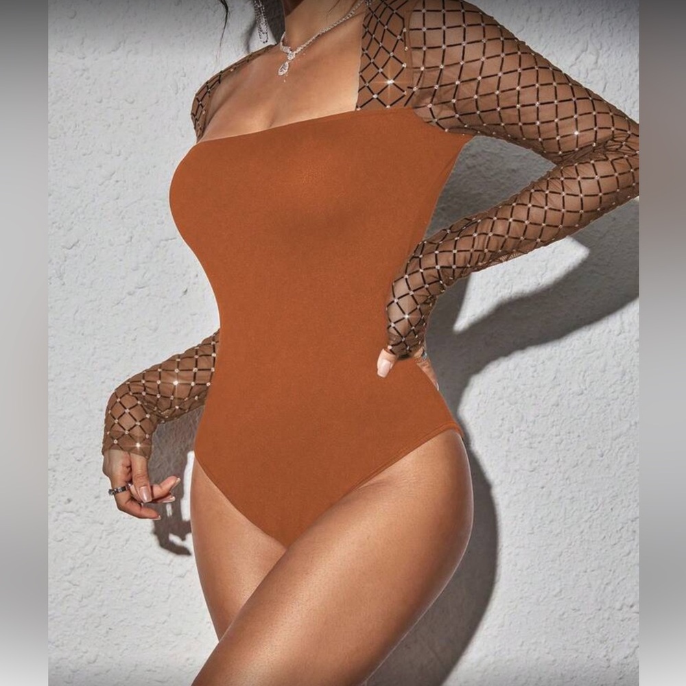 Elegant Brown  Mesh Sleeve Women's Top